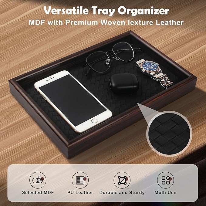 Zosenley Wooden Valet Tray with Leather Base - Nightstand Catchall Organizer for Cologne, Perfume, Keys, Wallet, Phone, Watch, Jewelry & Sunglasses (Black)
