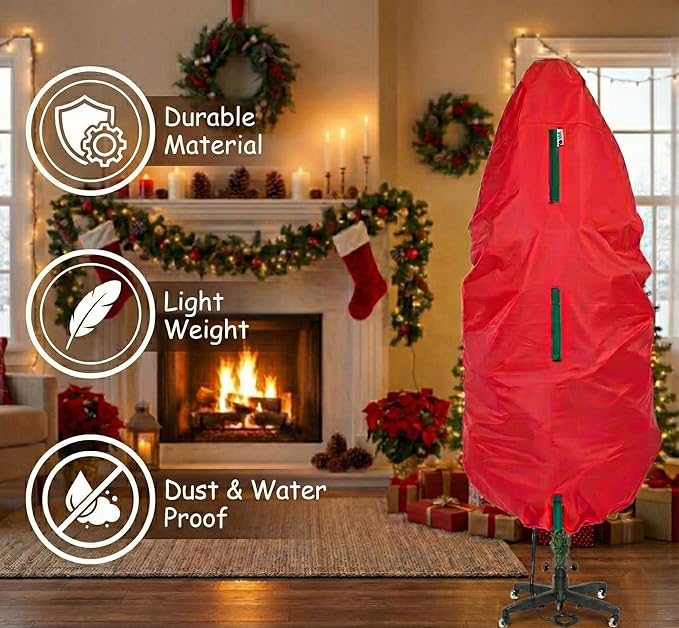 Upright Christmas Tree Storage Bag - Fits 4 Ft Artificial Xmas & Topiary Tree, Vertical Holiday Cover, Durable, Dustproof & Easy-Use Xmas Storage, Red