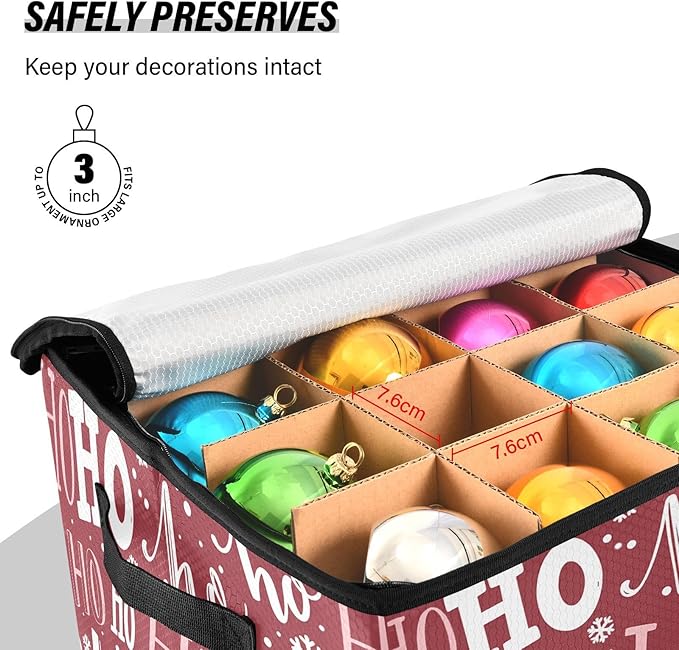 Santa Claus Red Christmas Ornament Storage Basket Box Winter Xmas Holiday Storage Container Cube with Adjustable Dividers for 64 Holiday Ornaments or Decorations Keeps Clean and Dry for Next Season