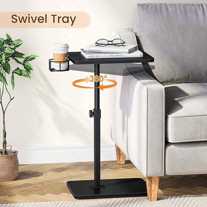 Giikin Side Table, 360 Swivel & Height Adjustable TV Trays for Eating on Couch, Sofa Armrest TV Tray Table with Cup Holder for Small Spaces, C-Shaped, Black, 11.8" D x 15.8" W x 31" H