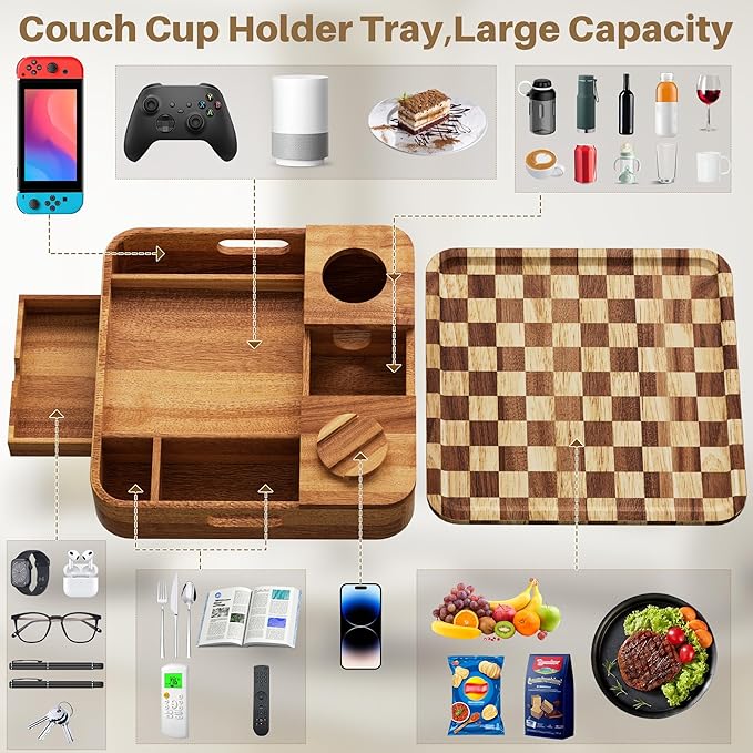 Couch Cup Holder, Checkered Couch Tray Cup Holder Sofa Tray, Acacia Wood Large Capacity 2-Tier Wooden Trays with Drawer for Sofa, Bed, Picnic, Drinks, Snacks, Remote, Cell Phone 12.5 * 12.5 in