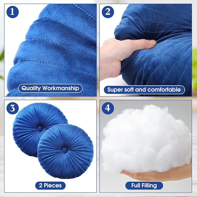 Namalu 2 Pcs Round Throw Pillow 13.8 Inch Decorative Round Velvet Floor Pillows Pumpkin Throw Pillows with Center Button for Thanksgiving Home Decor Living Room Sofa Couch Bed Chair (Navy Blue)