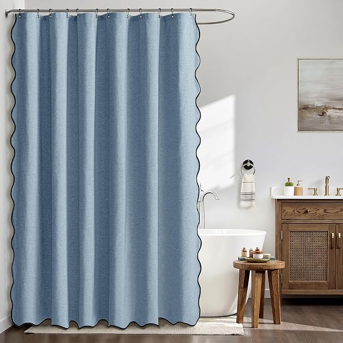 MIULEE Moonlight Blue Scalloped Shower Curtain Linen Textured with 12 Metal Hooks Cute Heavy Duty Washable Waterproof Thick Cloth Shower Curtains with Black Border for Bathroom Hotel Bathtub,W72*L72