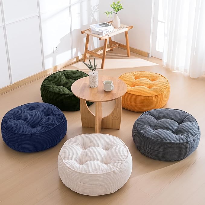 HIGOGOGO 8" Extra Thick Floor Pillow Cushion for Adults, Meditation Cushion Pillow, Large Round Floor Sitting, Tufted Corduroy Cover, for Tatami Living Room or Yoga, 22x22 Inch, 2Pack, Dark Grey
