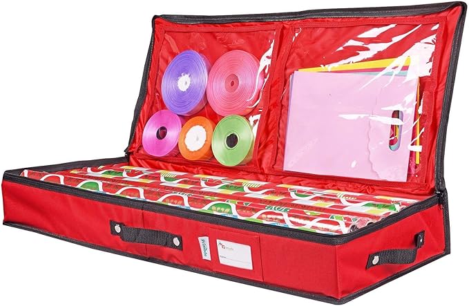 Primode Wrapping Paper Storage Container | Under Bed Gift Wrap Organizer for 30 Inch Rolls | 31”x13.5”x4.5” | 600D Oxford Material | Box Holder with Pockets for Ribbon, Bows, and Accessories (Red)