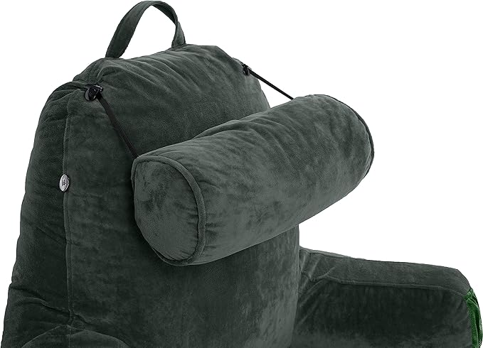 Husband Pillow Medium Reading Pillow with Arms - 23" Backrest for Sitting Up in Bed - Firm Support Bed Rest Pillow for Adults, Neck Roll, Removable Cover - TV, Reading, Lounging - Dark Green