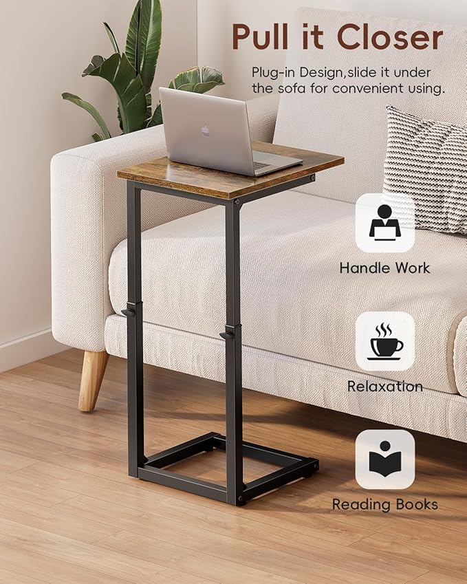 Vagusicc C-Shaped End Table for Sofa, 33"Tall Side Table for Couch, C Table End Table Adjustable Height Couch Side Table, Couch Table Slide Under Sofa Table TV Tray Table for Living Room,Bedroom,Brown