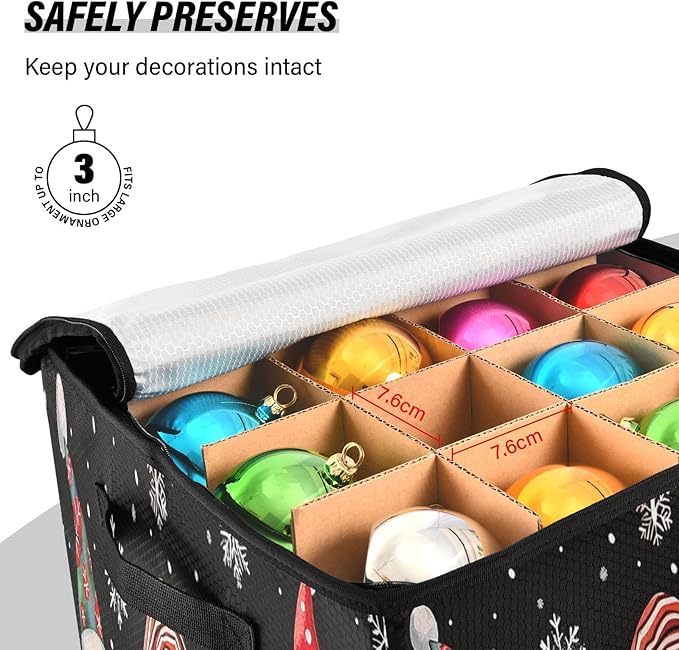 Gnomes Christmas Ornament Storage Basket Box Winter Snowflake Holiday Storage Container Cube with Adjustable Dividers for 64 Holiday Ornaments or Decorations Keeps Clean and Dry for Next Season