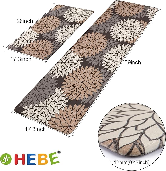 HEBE Anti Fatigue Kitchen Rugs Sets of 2, Non Slip Kitchen Mats for Floor, Waterproof Cushioned Comfort Standing Carpet for Kitchen Sink, Home Office, Laundry Room