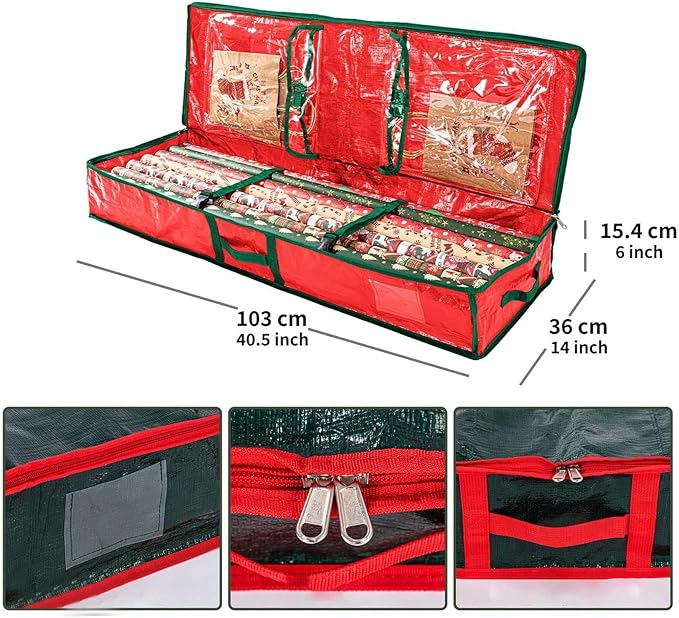 Wrapping Paper Organizer Storage Container,Christmas Storage Organizer,Xmas Gift Wrap Organizer With Pockets,Under Bed Storage Bag,Supplies Pockets for Xmas Accessories (Grey)