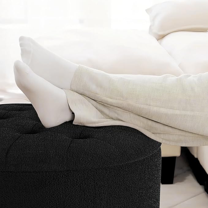 30 Inch Round Storage Ottoman,Modern Tufted Ottomans,Circular Coffee Table with Removable Top,Upholstered Large Ottoman with Storage Footrest Stool for Bedroom Living Room (Teddy Black)