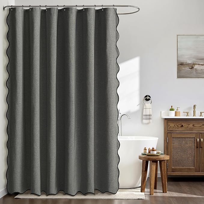MIULEE 84" Long Scalloped Shower Curtain Linen Textured with 12 Metal Hooks Cute Extra Long Heavy Duty Washable Waterproof Cloth Curtains with Black Border for Bathroom Hotel Bathtub,Charcoal Grey