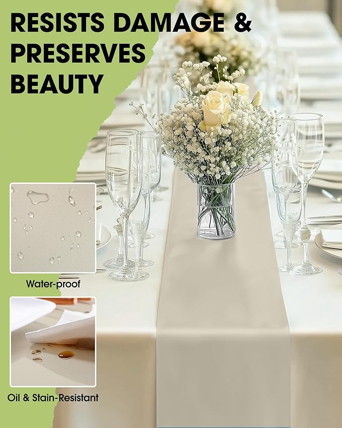 Pureegg Ivory Plastic Table Runners - 10 Pack, 14'' x 108'', Water Resistant & Disposable Cream Centerpiece Decorations for Table Cloth, Wedding, Birthday, Holiday, Baby Shower, Beige Home Decor