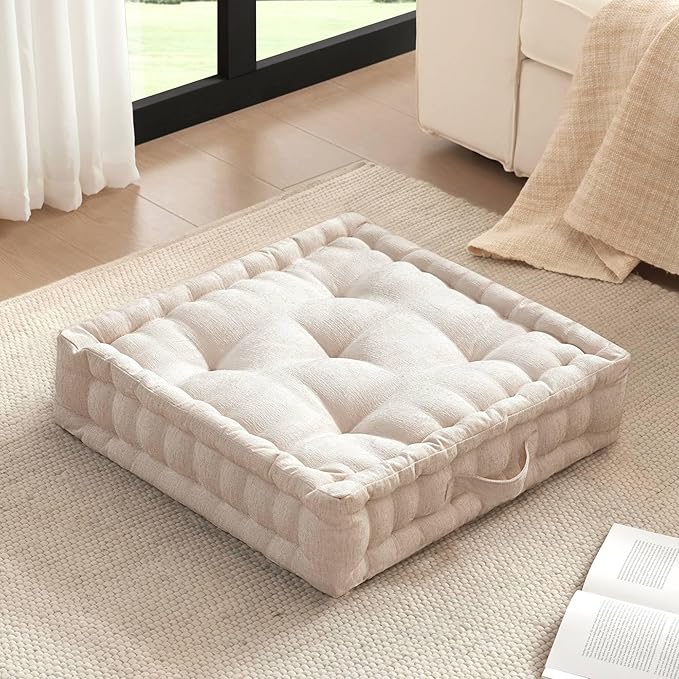 Intelligent Design Large Floor Pillow for Adults Yoga or Meditation Cushion with Handle, Floor Cushion for Board Games, Lustrous Chenille Tufted, Handsewn Scalloped Edge, Azza, 24" x 24" x 5" Ivory