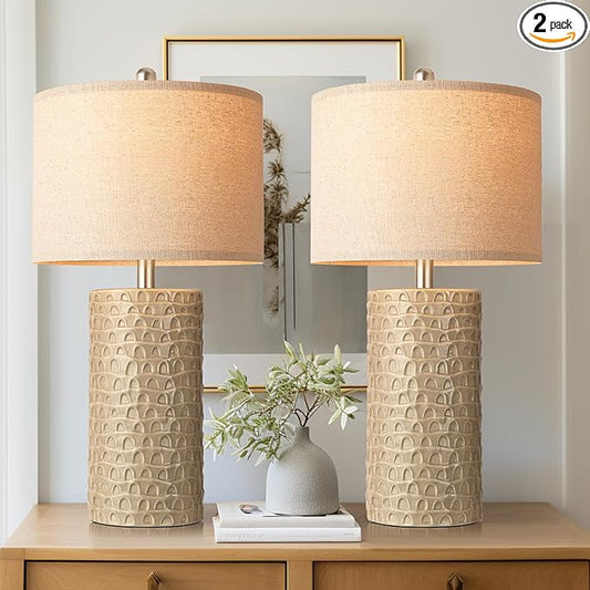 PARTPHONER 23" Modern Ceramic Table Lamp Set of 2, Table Lamps for Living Room, Rustic Farmhouse Bedside Lamps Nightstand lamp for Bedroom, Desk Lamp for End Table Home Decor Beige