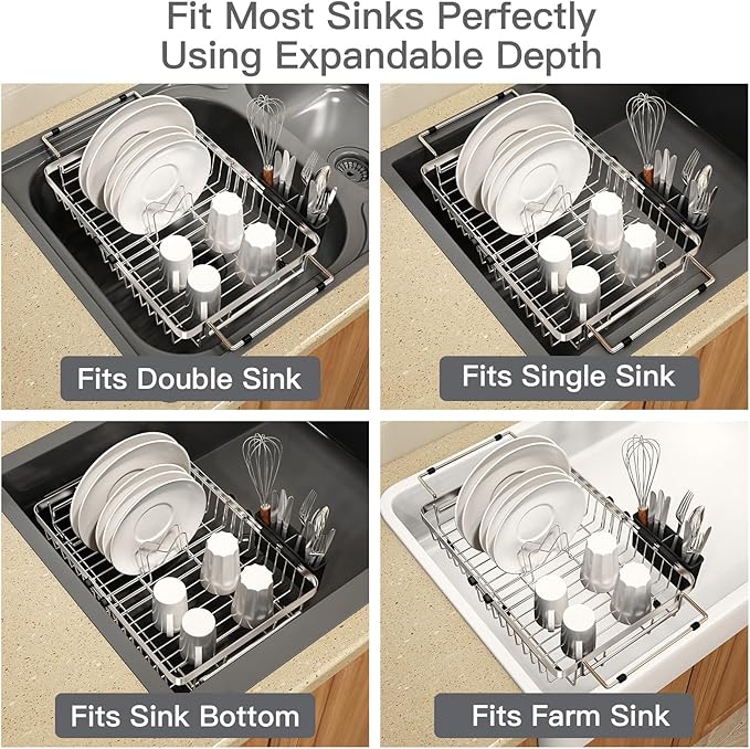 MAJALiS Dish Drying Rack Over The Sink, Expandable Stainless Steel Dish Drainer for Small Kitchen Counter Space Saving, RV Compact Plate Strainer In Silver Metal with Hanging Adjustable Utensil Holder