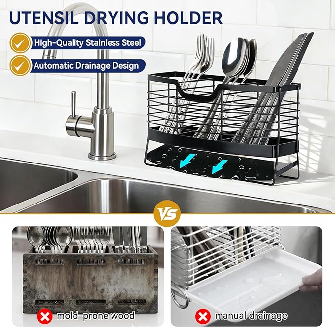 Utensil Holder for Kitchen Counter, Stainless Steel Utensil Drying Holder with Automatic Drain Tray, 3 Compartments Utensil Caddy for Silverware Spoon Cutlery