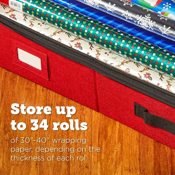 storageLAB Wrapping Paper Storage Container with Standalone Ribbon & Accessories Storage Box, Under Bed Gift Wrap and Bag Organizer, Fits 40-Inch Long Rolls (Red)