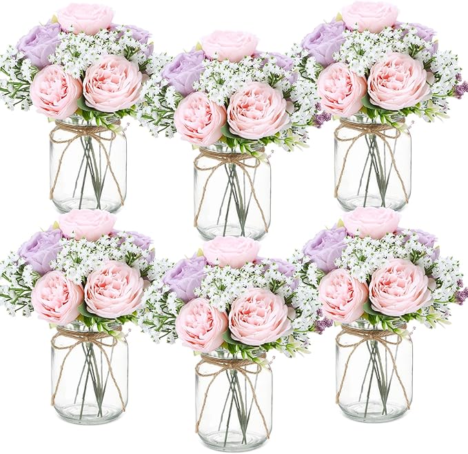 Zeyune Mason Jar Centerpiece Table Decorations, Artificial Peony Baby's Breath Flower Bouquets, Faux Flowers with Vase, Rustic Decor Gifts for Home, Wedding, Holiday (6 Sets,Purple,Pink)