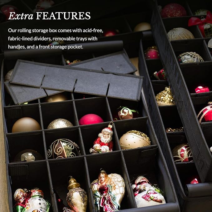 Balsam Hill Deluxe Rolling Ornament Chest - 120pc Christmas Decoration Storage with Dividers & Trays