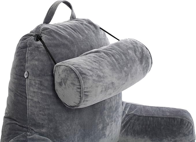 Husband Pillow XXL The Original for Adults - 30" Tall Backrest for Sitting Up in Bed - Firm Support Reading & Bed Rest Pillows for Adults, Neck Roll, Removable Cover - TV - Dark Grey