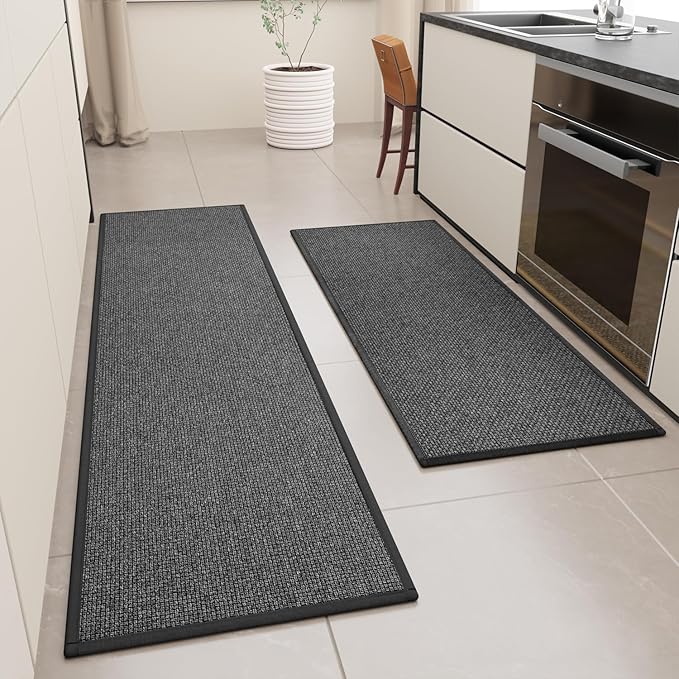 SUMLANS Kitchen Mat Set of 2 PCS, Cushioned Non Slip Rugs for Kitchen Floor, Absorbent Runner Comfort Standing Mats Washable for Kitchen, Office, Home, (Black, 17.3"x47"+17.3"x71")