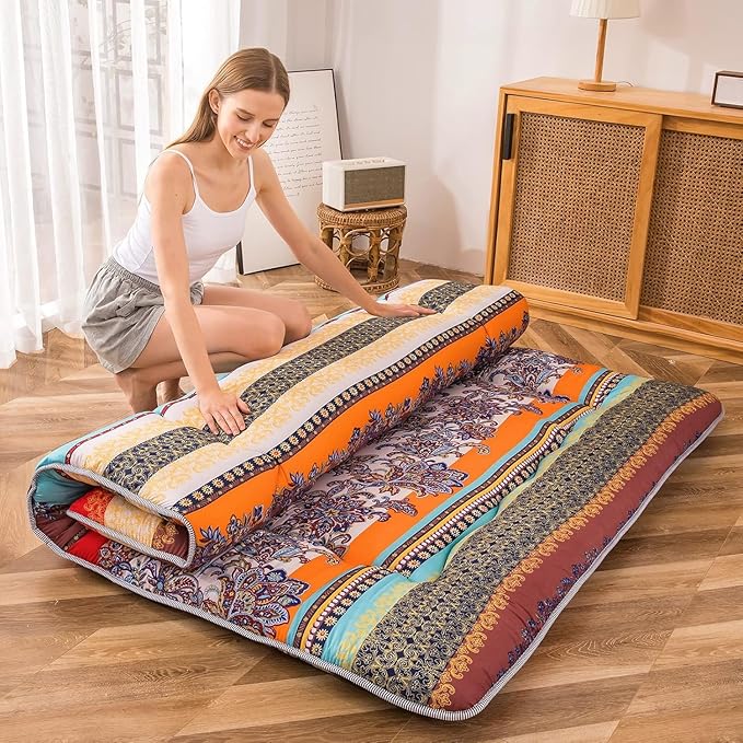 MAXYOYO Bohemian Retro Floor Mattress Vintage Floral Japanese Futon Mattress Roll Up Thicken Sleeping Mat Portable Camping Mattress Floor Lounger Couch Pad, Twin Size