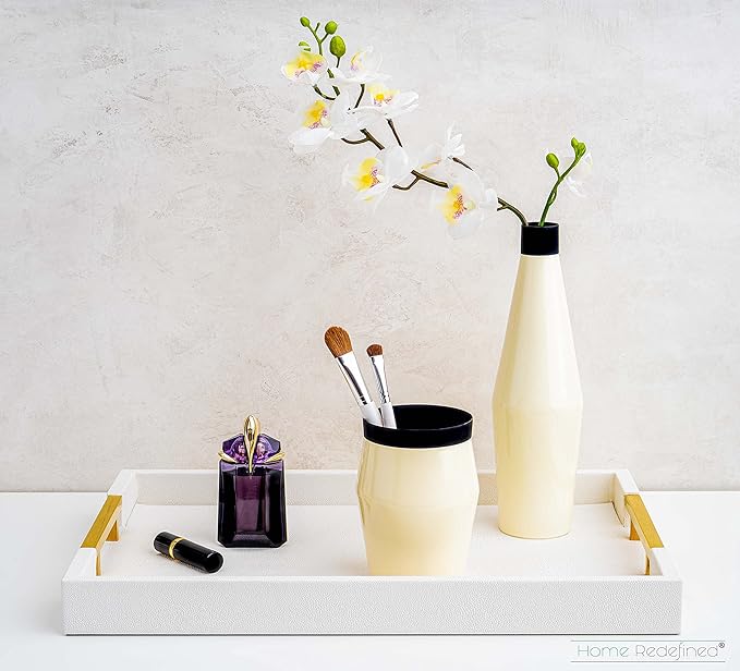 Home Redefined Modern Elegant 17.5"x12" Rectangle Glossy Faux Leather Shagreen White Decorative Serving Tray with Gold Polished Metal Handles for Ottoman Coffee Table Perfume