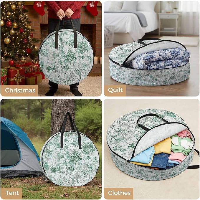 Storage Bag Maple Tree Pine Round Storage Totes Bins Closet Organizers with Zippers & Handle Watercolor Plants Green Clothes Storage Container for Bedroom Dorm Space Saving Packing Supplies Bags