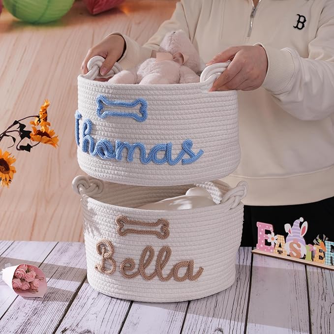 FKOG Hand Personalized Cotton Rope Storage Basket, Custom Pet Dog or Cat Name Basket Organizer, Pet Dog Gift Basket, Puppy Toy Bag (Black Pet Basket)