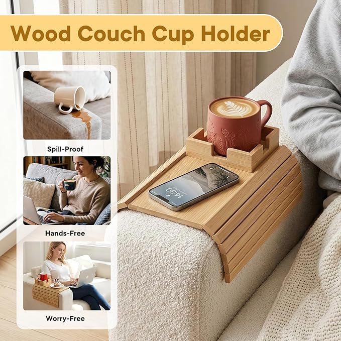 Bamboo Couch Cup Holder & Armrest Tray - Extend Your Comfort with a Secure Drink Slot and Snack Space for Recliner, Loveseat, or Sofa (Extra Large)