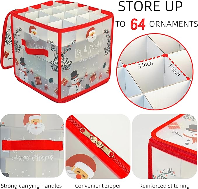 Christmas Ornament Storage Box, Christmas Tree Ornament Organizer, Hard Plastic Storage Container with Dividers, Clear Design Waterproof Case for 3" Seasons Balls (Red)