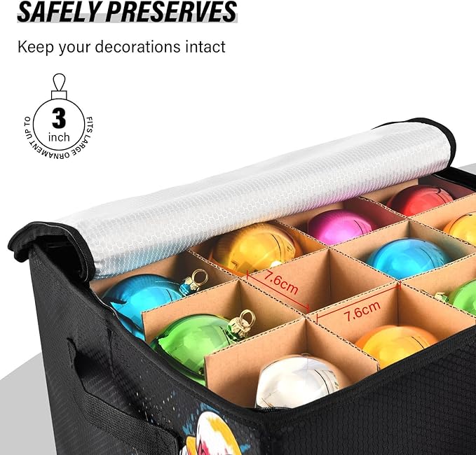 Kigai Baseballer Christmas Ornament Storage Box with Zipper & Adjustable Dividers Holiday Ornament Organizer Xmas Storage Container, 64 Balls