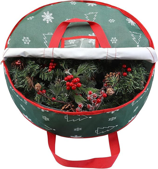 30 Inch Christmas Wreath Storage Bag, Wreath Storage Container with Carry Handles Zipper and Labeling Card Slot, Waterproof Garland Storage Container for Wreath Christmas Decoration, Green