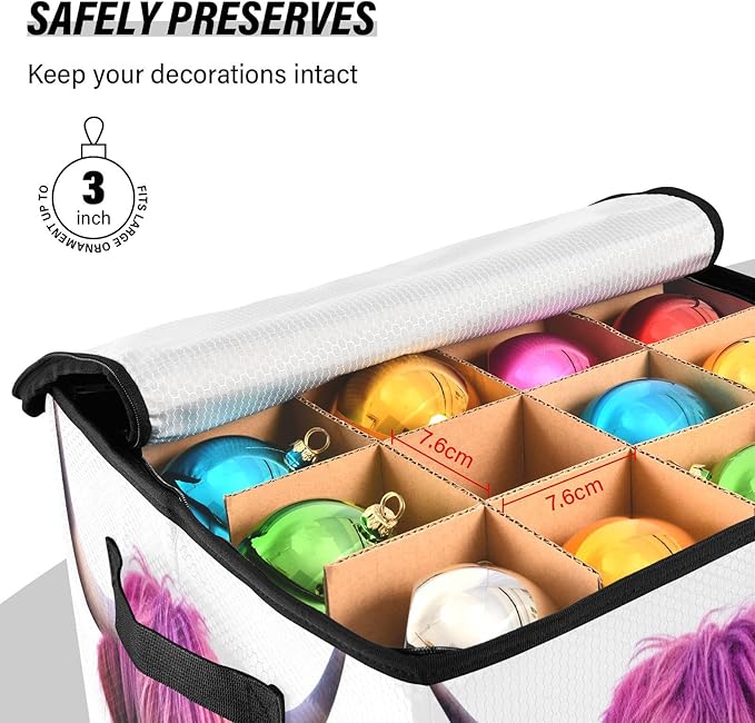 Kigai Highland Cow Christmas Ornament Storage Box with Zipper & Adjustable Dividers Holiday Ornament Organizer Xmas Storage Container, 64 Balls