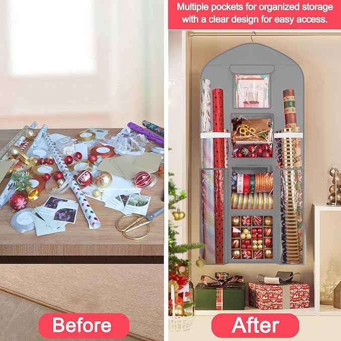 Woodoulogy Hanging Gift Wrapping Paper Storage, 48x24 (Extra Large) Grey Double-Sided Christmas Wrapper Bag Container, Oxford Long Craft Roll Organizer, Present Wrap Holder for Closet, Door