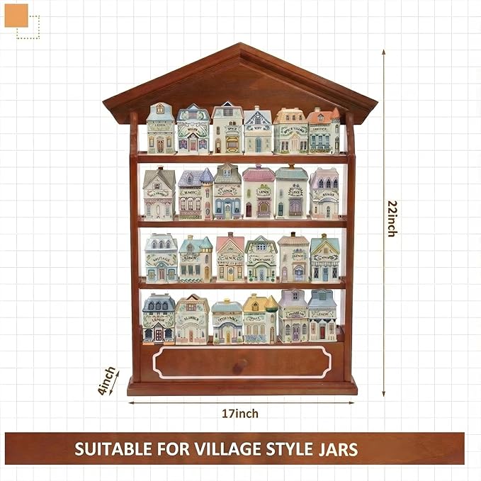 Chunful Vintage Spice Jar Wooden Rack with 4 Shelves and Drawer Hanging Spice Rack Wall Mounting Kitchen Storage Village Style Display Shelf for 24 Jars, Shelf Only(Classic)