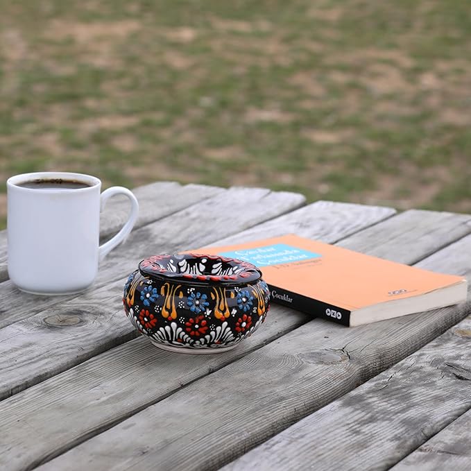 Decorative Ceramic Jar-Colorful Decorative Jar with Lid-Handmade Small Decorative Jar-Windproof Unique Jars-Turkish Home Decor (Black)