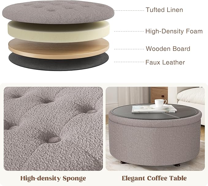 30 Inch Round Storage Ottoman,Modern Tufted Ottomans,Circular Coffee Table with Removable Top,Upholstered Large Ottoman with Storage Footrest Stool for Bedroom Living Room (Teddy Brown)
