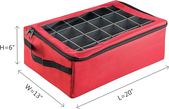 Ornament Storage Box - Zippered Lid Organizer with 48 Individual Compartments and Dividers for Christmas Bulbs and Decorations by Tiny Tim Totes (Red)