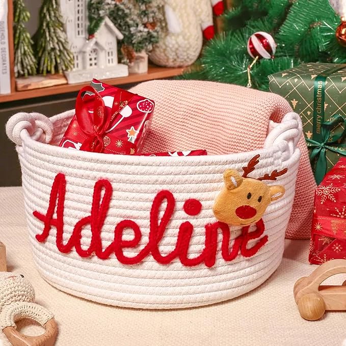 Personalized Christmas Cotton Rope Basket - Custom Holiday Gift Basket with Name - Festive Storage Organizer for Holiday Decor & Seasonal Gifts (STYLE-A)