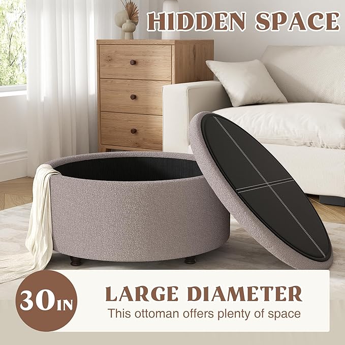 30 Inch Round Storage Ottoman,Modern Tufted Ottomans,Circular Coffee Table with Removable Top,Upholstered Large Ottoman with Storage Footrest Stool for Bedroom Living Room (Teddy Brown)