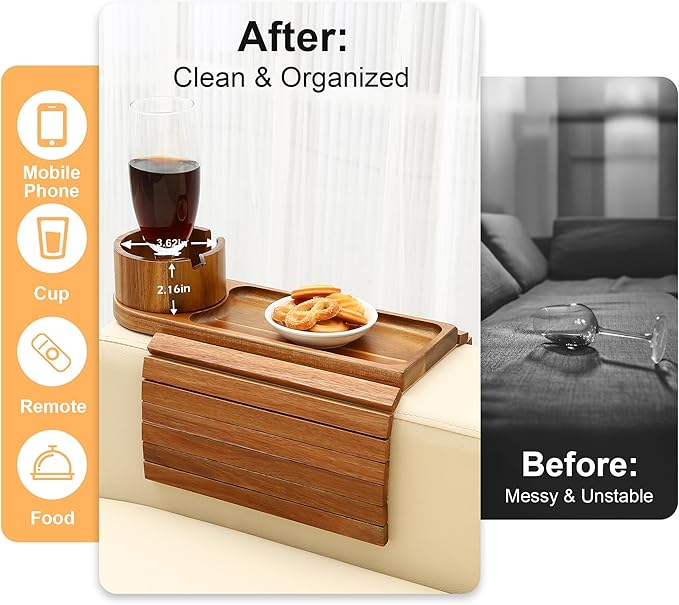 Couch Cup Holder, Acacia Wood Couch Arm Tray with 360° Rotating Cup Holder,Foldable Anti-Slip Sofa Arm Chair Tray for Eating Snack Drink Side Table