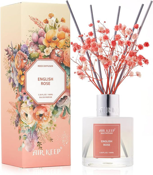 Airkeep Reed Diffuser Set,3.38 fl oz (100 ml) - English Rose Oil Diffusers with 8 Reed Sticks, Home Fragrance Reed Diffuser for Bathroom Shelf Decor
