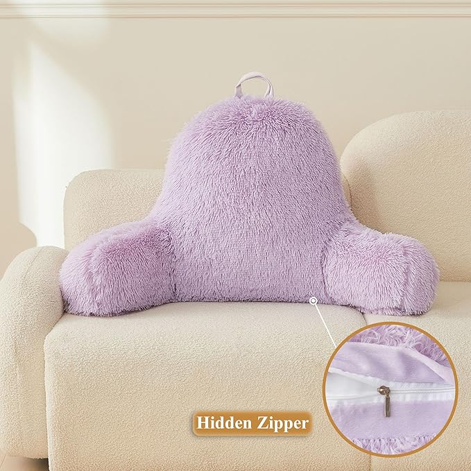 XeGe Fluffy Back Support Pillow Cover for Bed (No Filler), Light Purple Faux Fur Backrest Pillowcase, Lilac Furry Reading Pillow with Arms for Adults Kids, Fuzzy Sit Up Study Pillow, Lavender