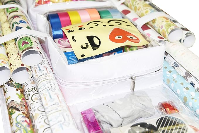 Freegrace Double-Sided Hanging Gift Wrap Organizer - Large 16 x 41 Inch Wrapping Paper Storage Bag - Tearproof 600D Oxford Closet Gift Bag & Ribbon Organization Storage Caddy, White