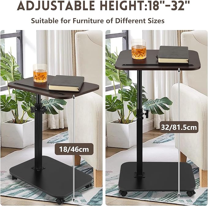 DAJAVE Sofa Armrest Tray Table for Couch, 360°Swivel TV Tray Table with Wheels for Small Spaces, Height Adjustable C Shaped End Table Snack Side Table for Sofa, Bed, Chair, Snack