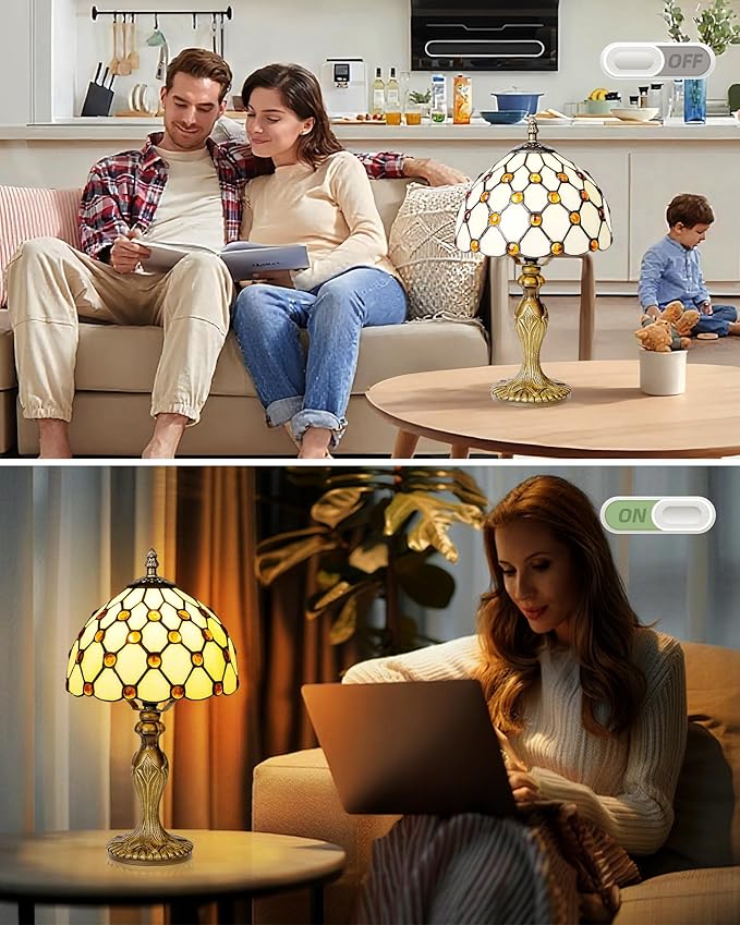 8" Tiffany Style Table Lamp, Yellow Beads Small Stained Glass Night Lamp, Handmade Desk Bedside Antique Light for Living Room, Bedroom and Study, Ideal Art Gift for Family & Friends