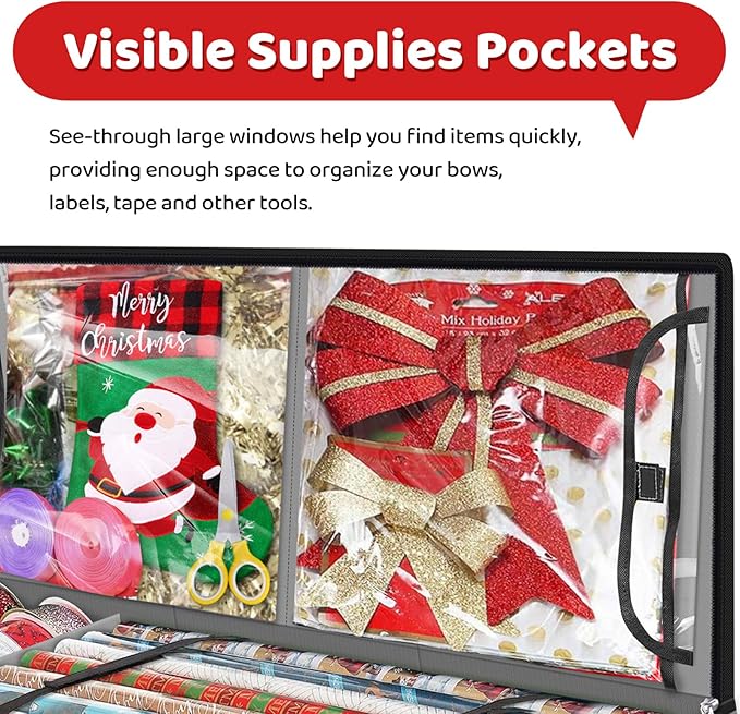 Fabspace Christmas Wrapping Paper Storage Containers, 40 Inch Gift Wrap Organizer, Visible Supplies Pockets for Xmas Accessories, Underbed Storage for Christmas Decorations, Grey