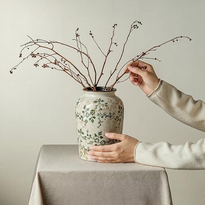 for Mom from Daughter or Son, Vintage Pastoral Green Round Ceramic Vase 7.8”, Ice Crack Chinoiserie Floral Vase, Rustic Decor for Living Room, Bookshelf, Office, Table Centerpiece